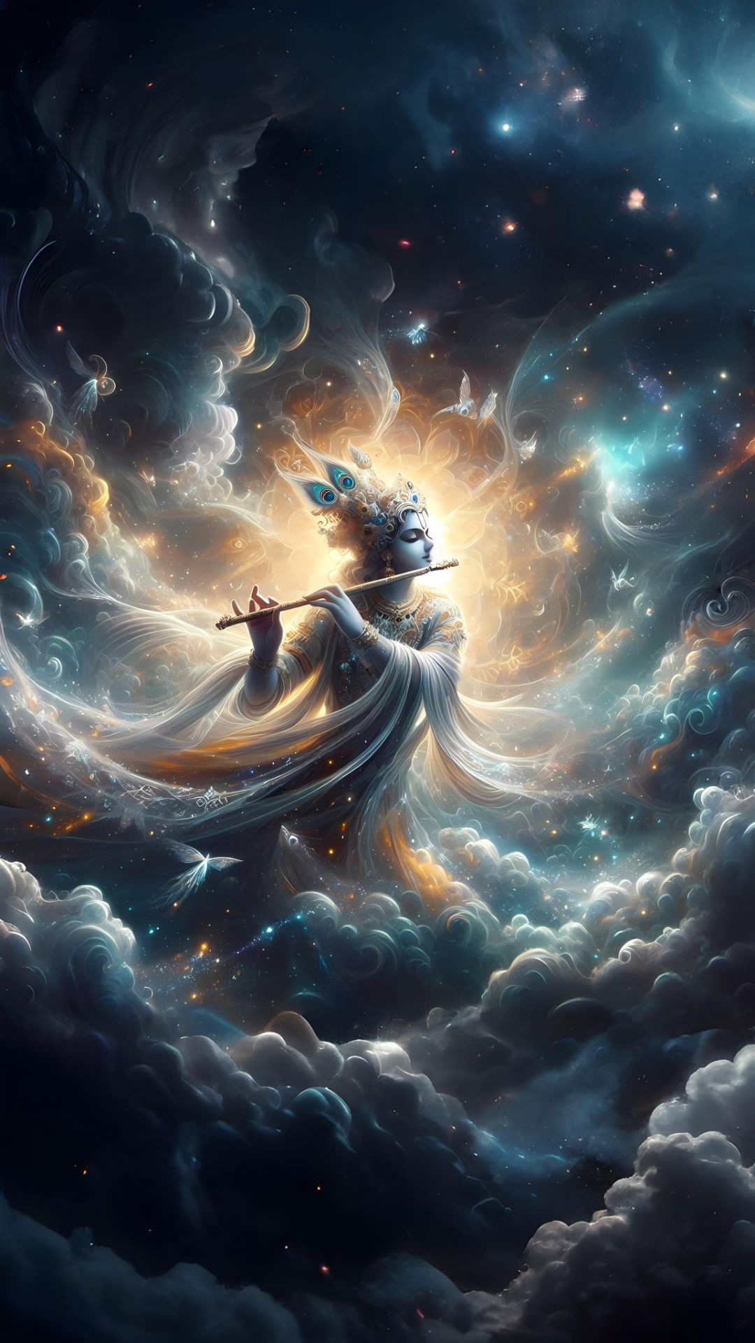 Krishna plays flute amidst cosmic clouds