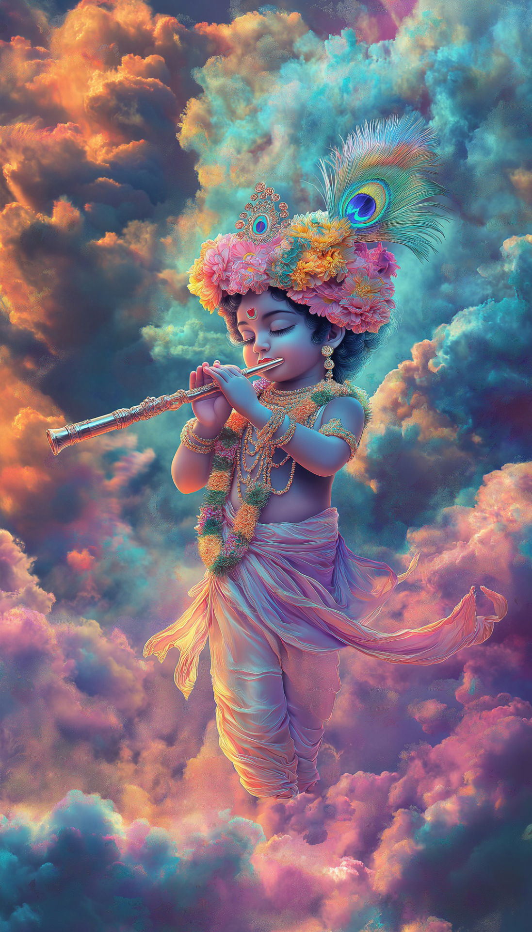 Baby Krishna playing a flute in clouds