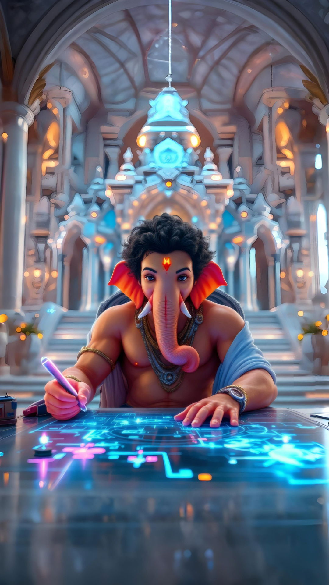 Ganesha writing on digital tablet.