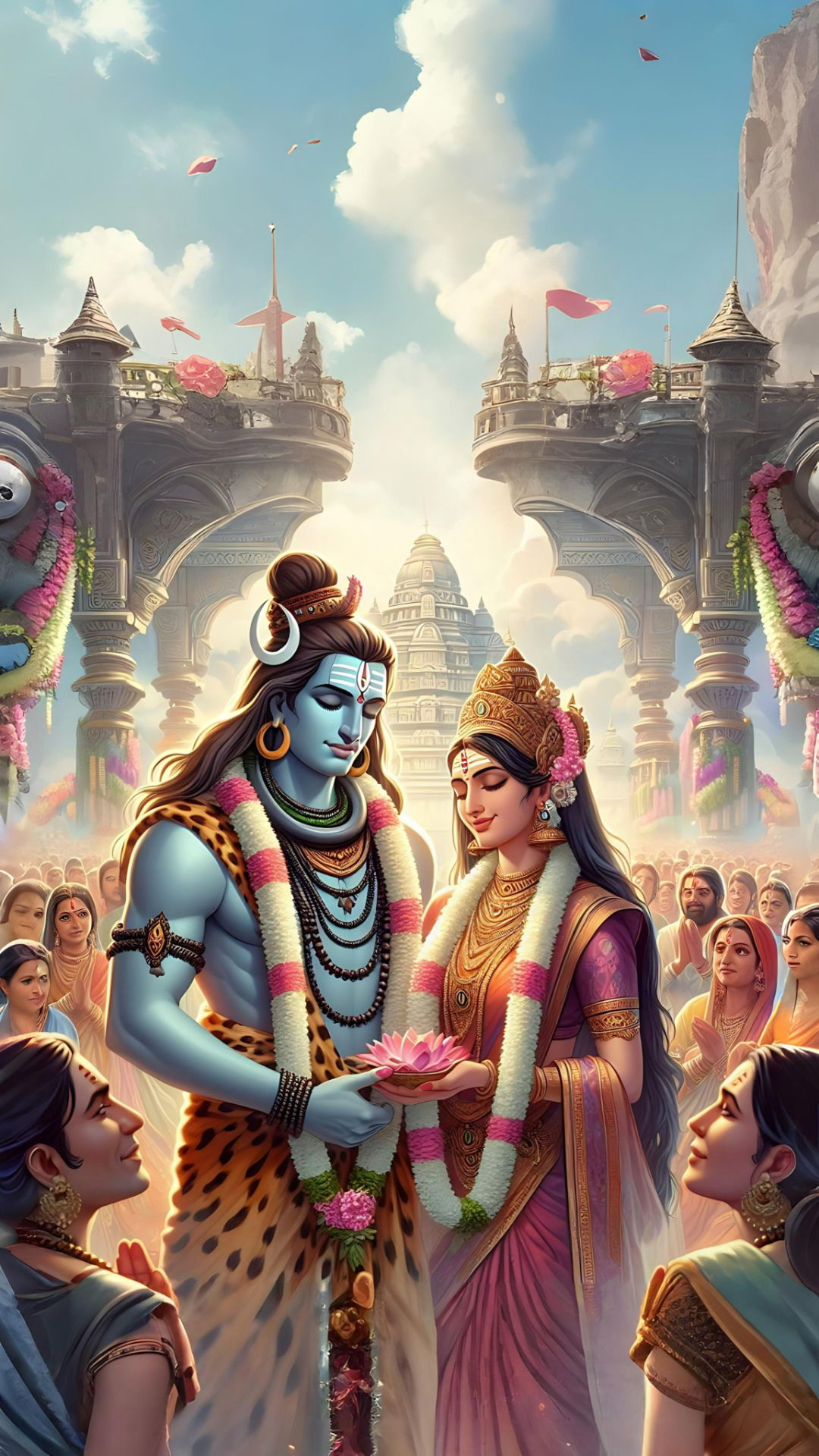 Shiva Parvati divine temple wedding scene