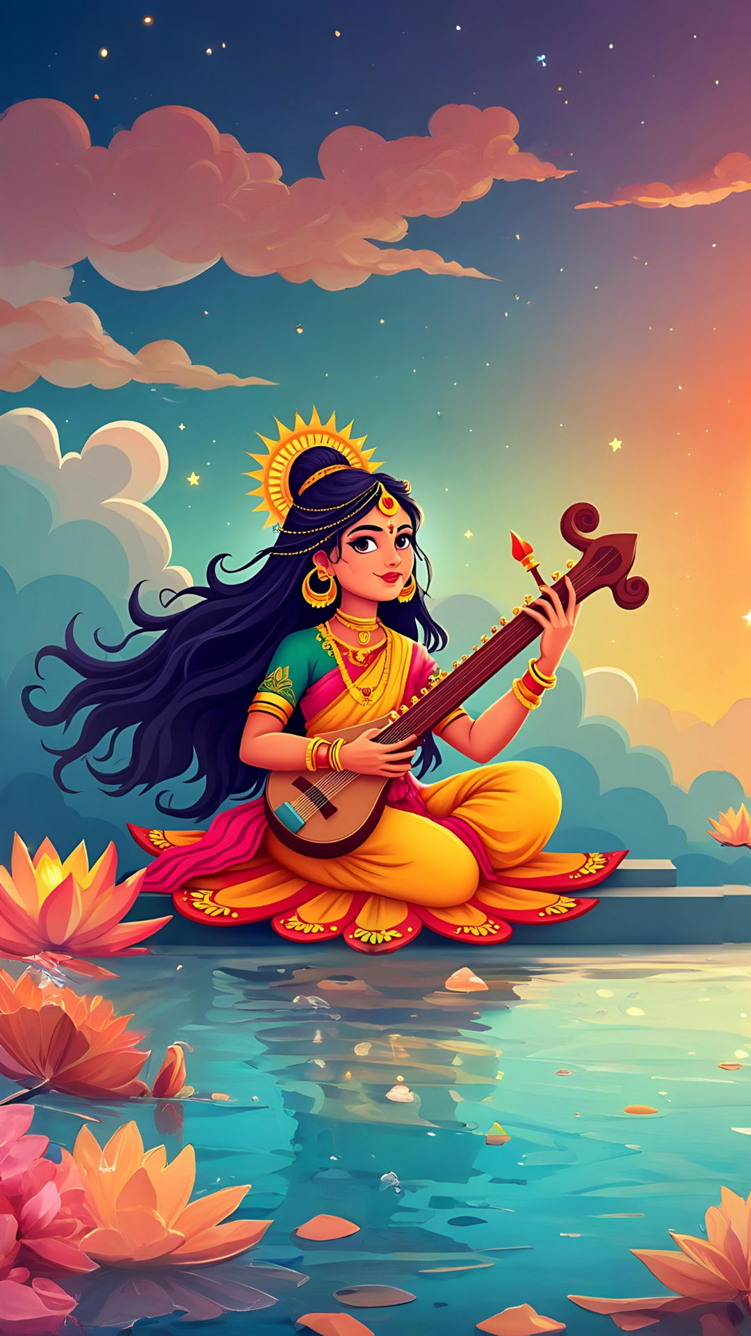 Saraswati playing the veena on water.