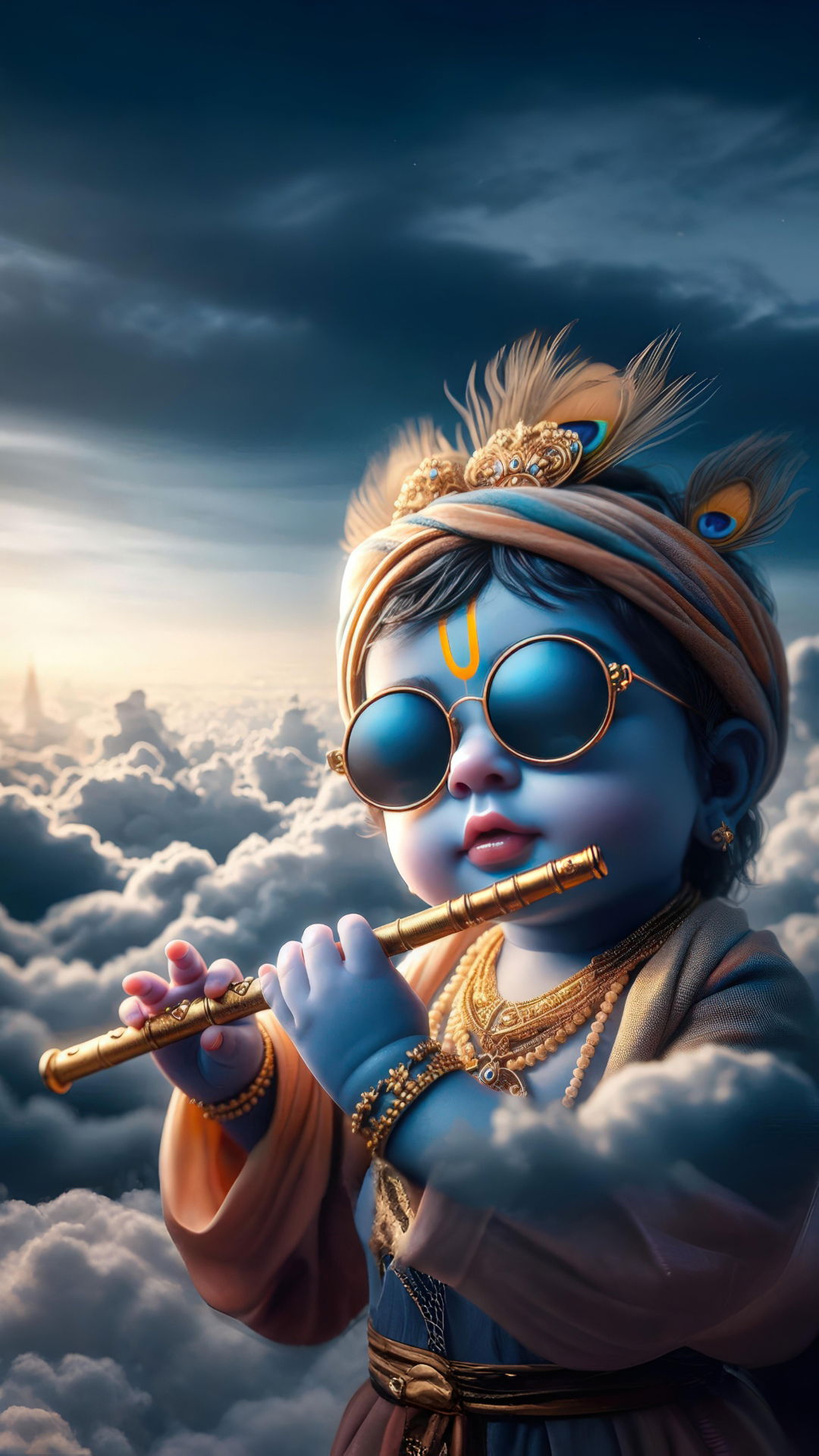 Baby Krishna playing flute with sunglasses