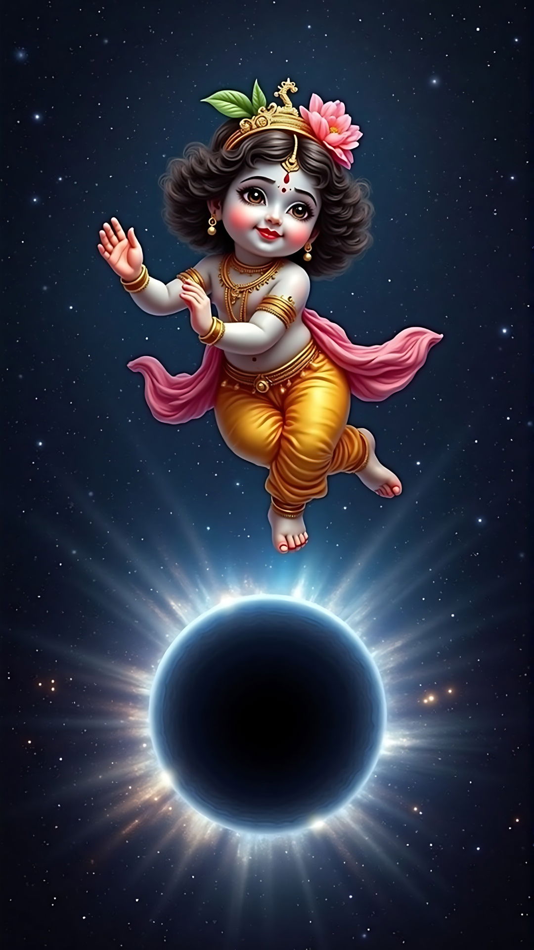 Baby Krishna floating above Earth
