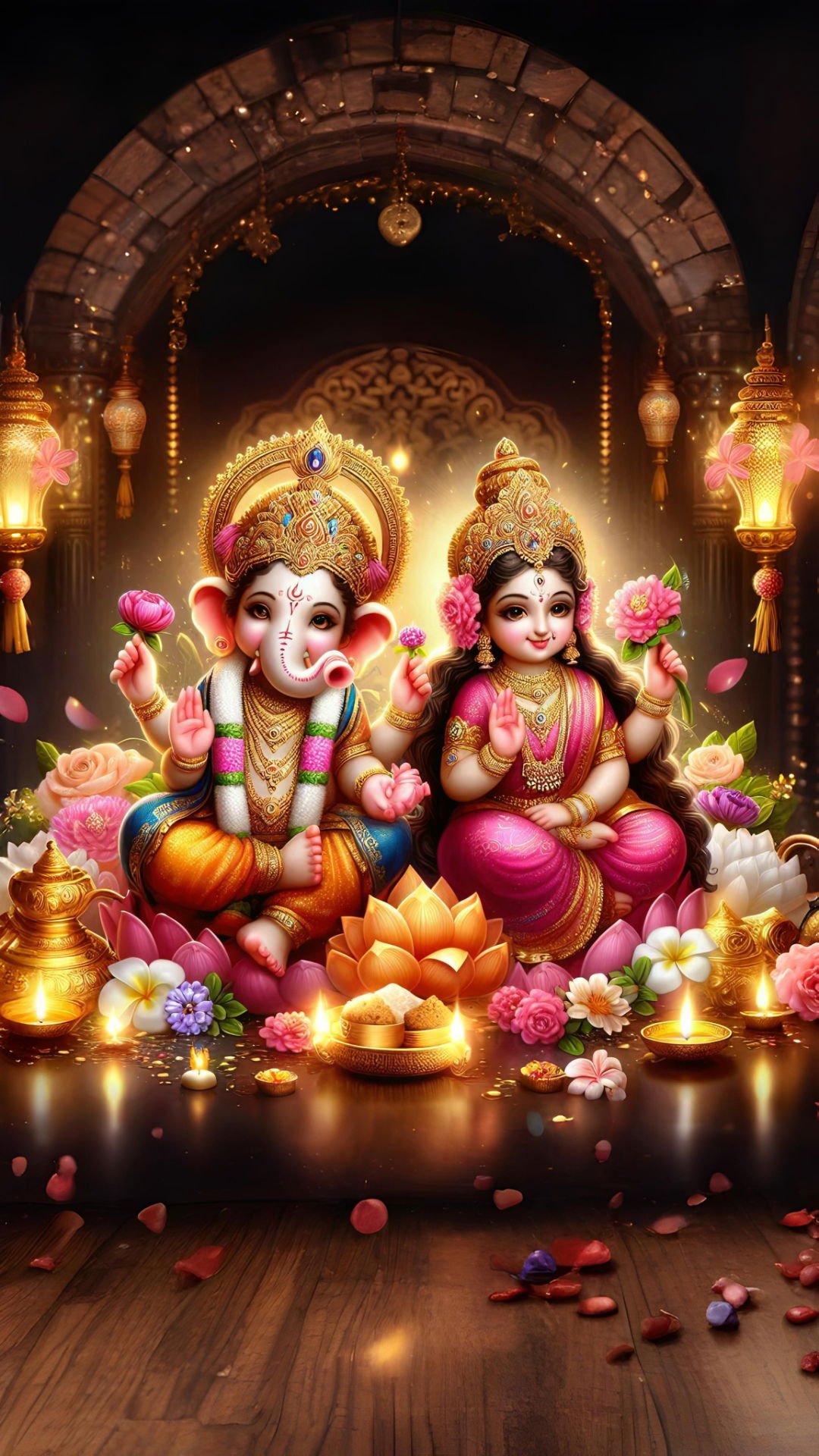 Ganesha and Lakshmi seated on lotus