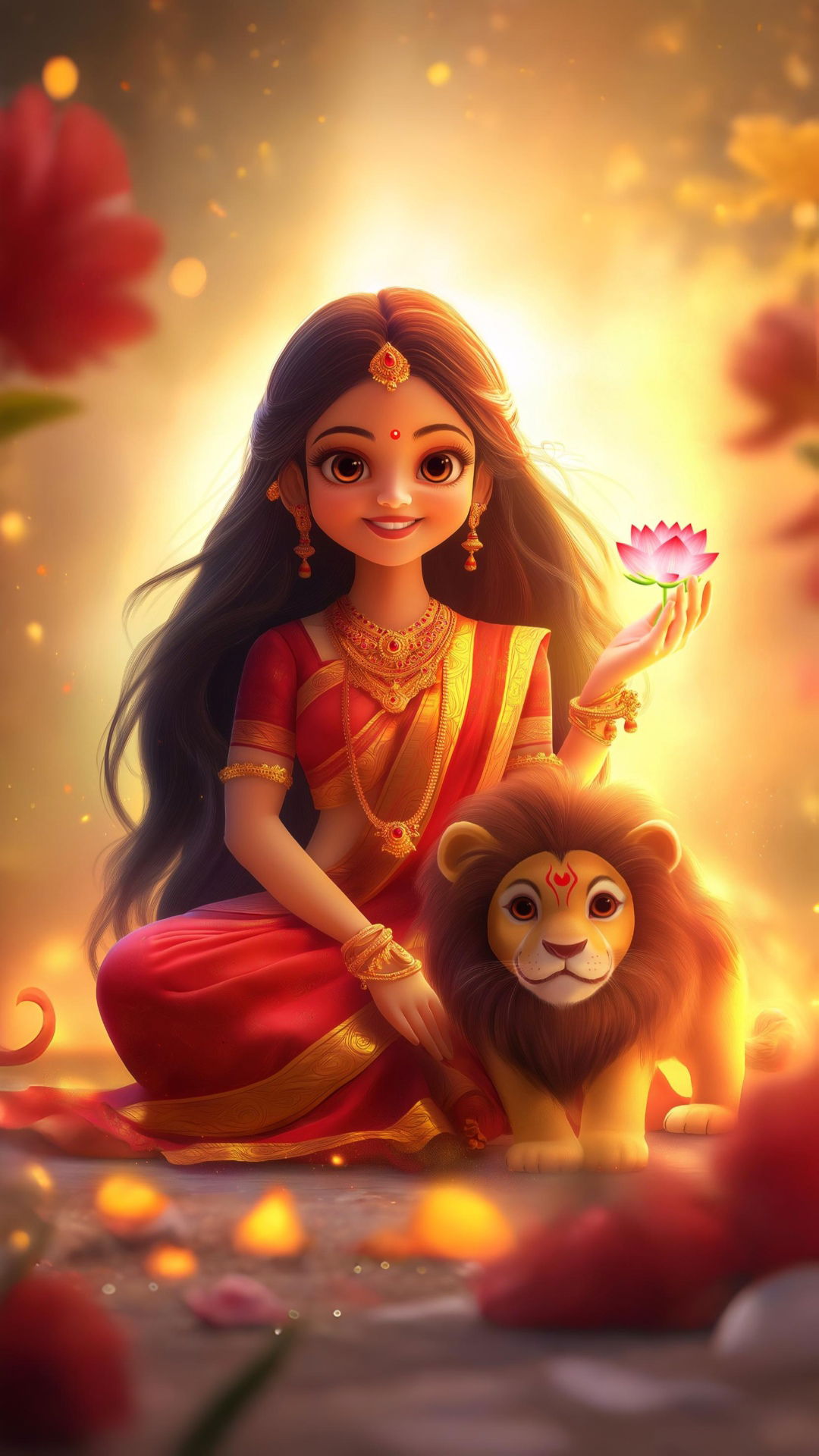 Goddess Durga with lion and lotus.