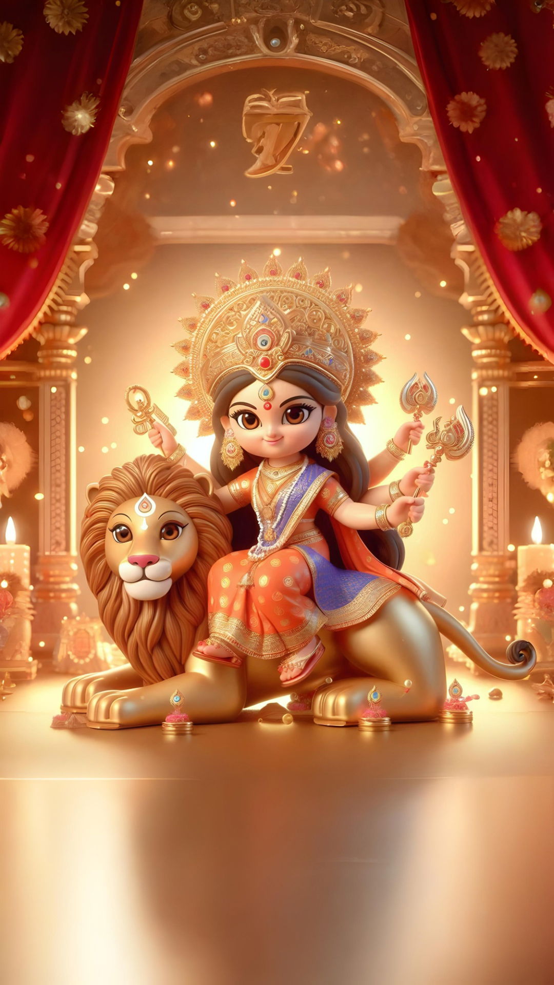 Goddess Durga rides a majestic lion.