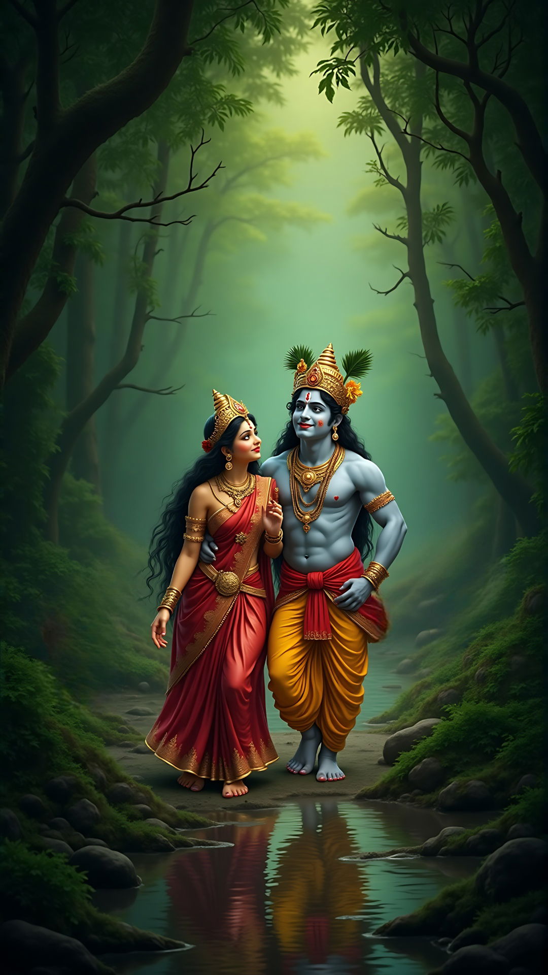 Radha Krishna walking in a forest