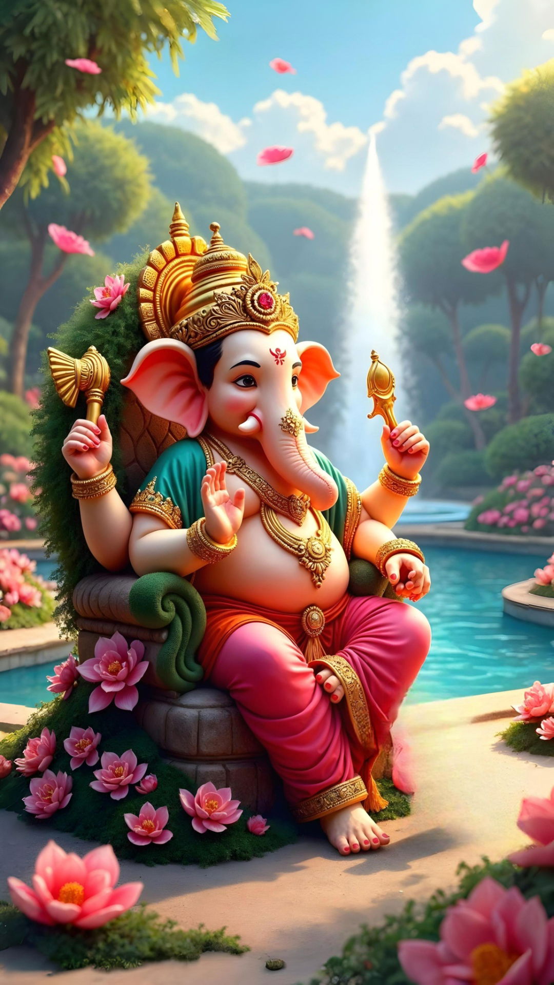 Lord Ganesha in a lush garden setting