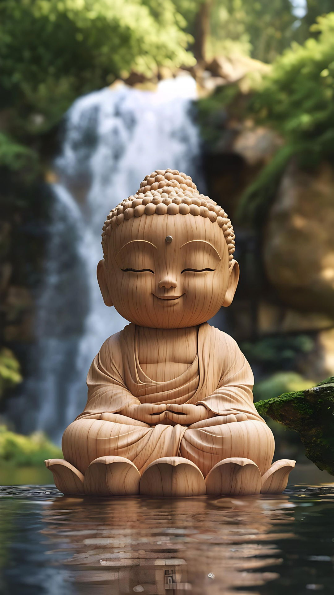 Buddha meditating by waterfall