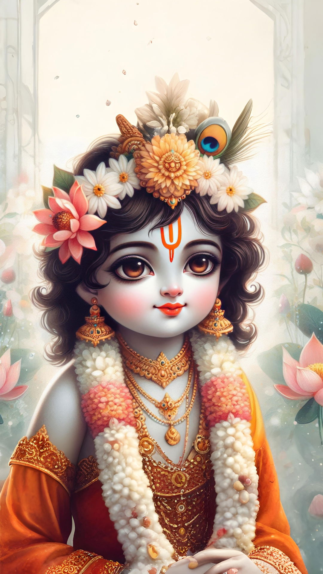 Adorable Krishna with flowers, divine portrait