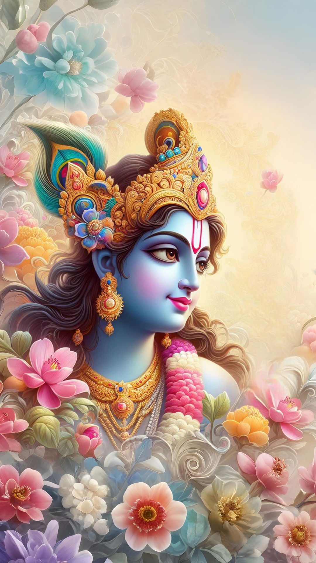 Lord Krishna with flowers and flute