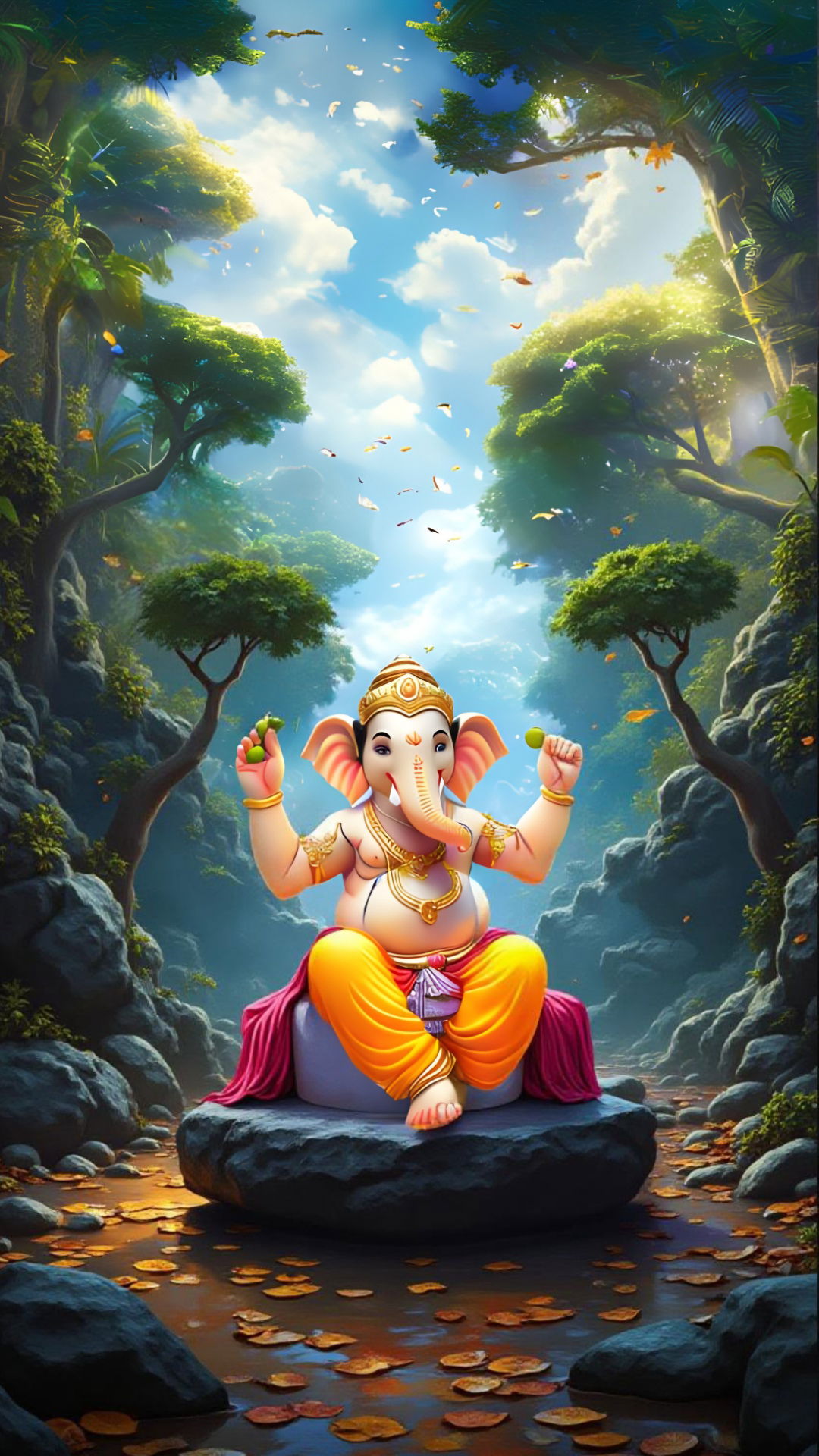 Ganesha seated in a lush forest