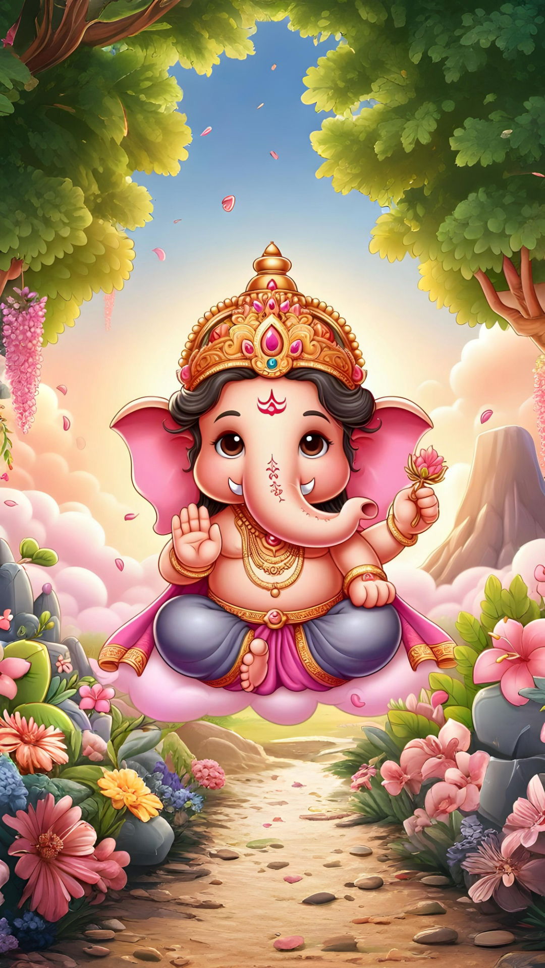 Lord Ganesha in a floral garden