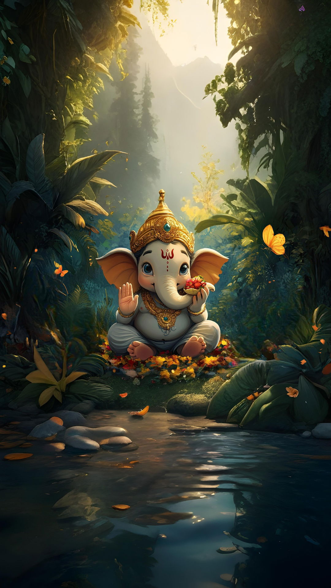 Ganesha enjoying a sweet in forest.