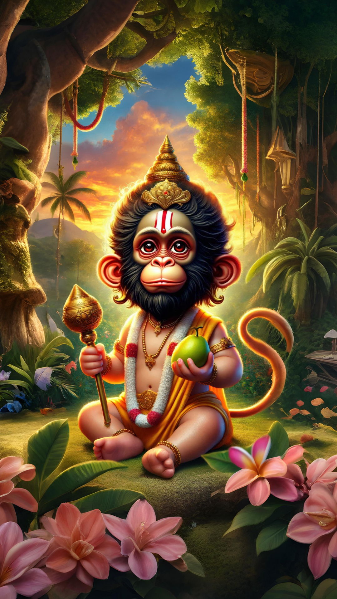 Hanuman in a lush forest setting