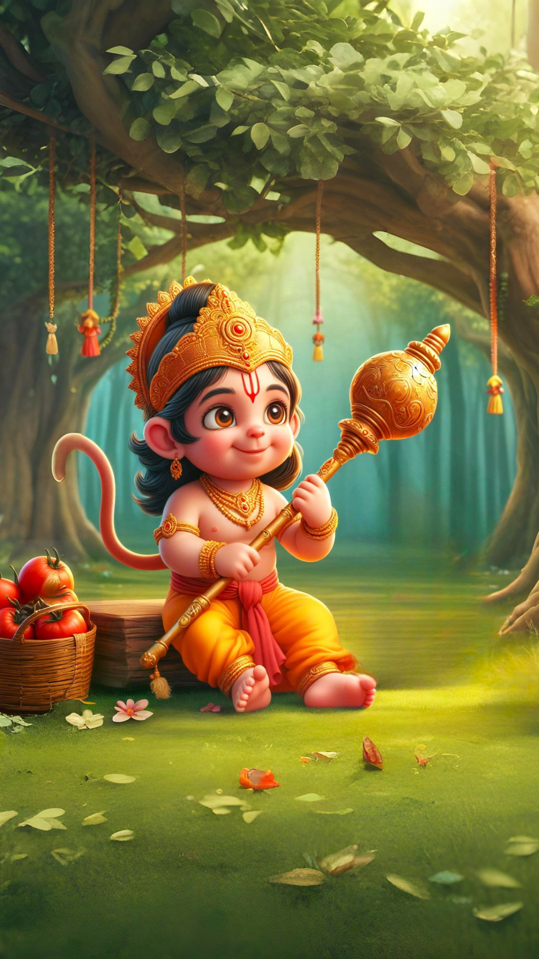 Adorable Hanuman sits with his mace