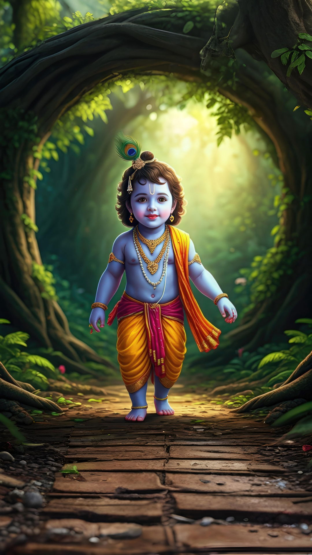 Baby Krishna walking in a forest