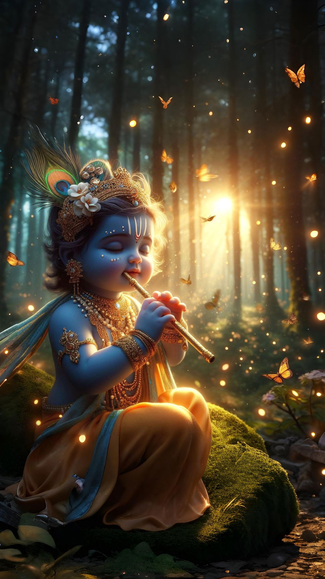 Baby Krishna playing flute in forest
