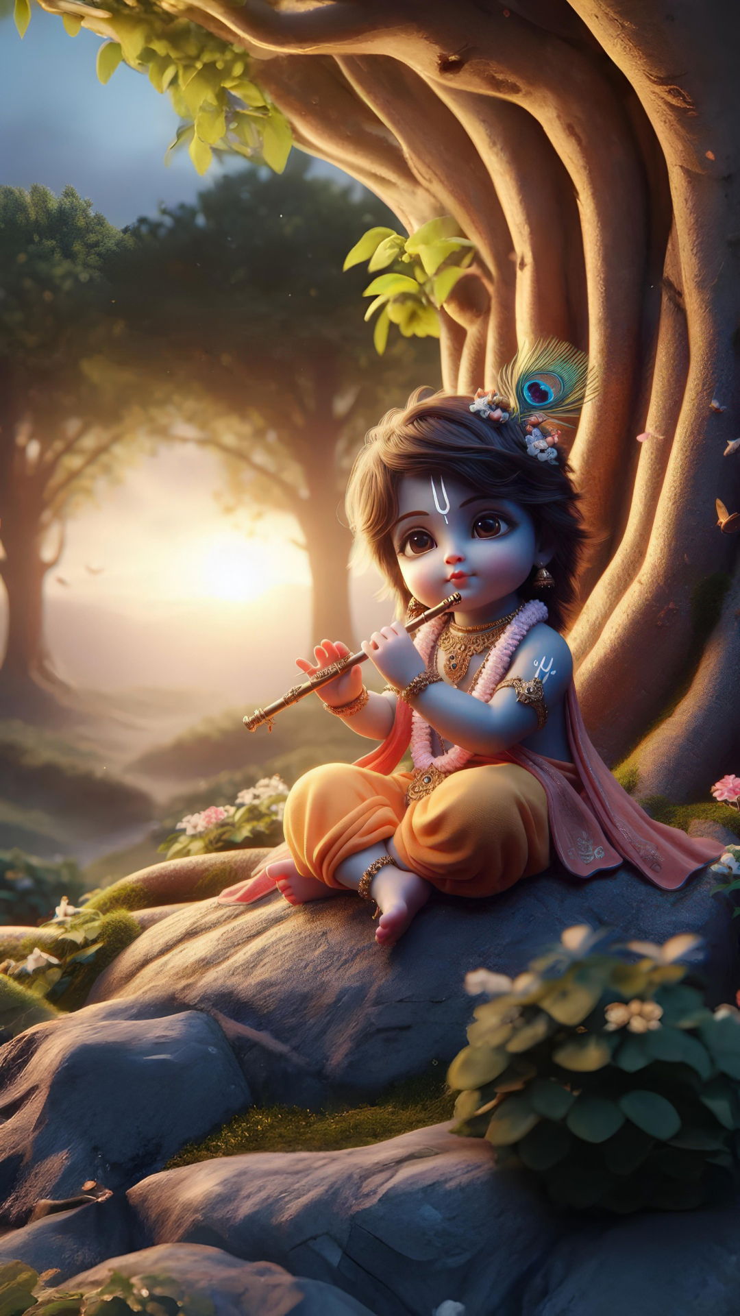 Baby Krishna playing a flute in forest