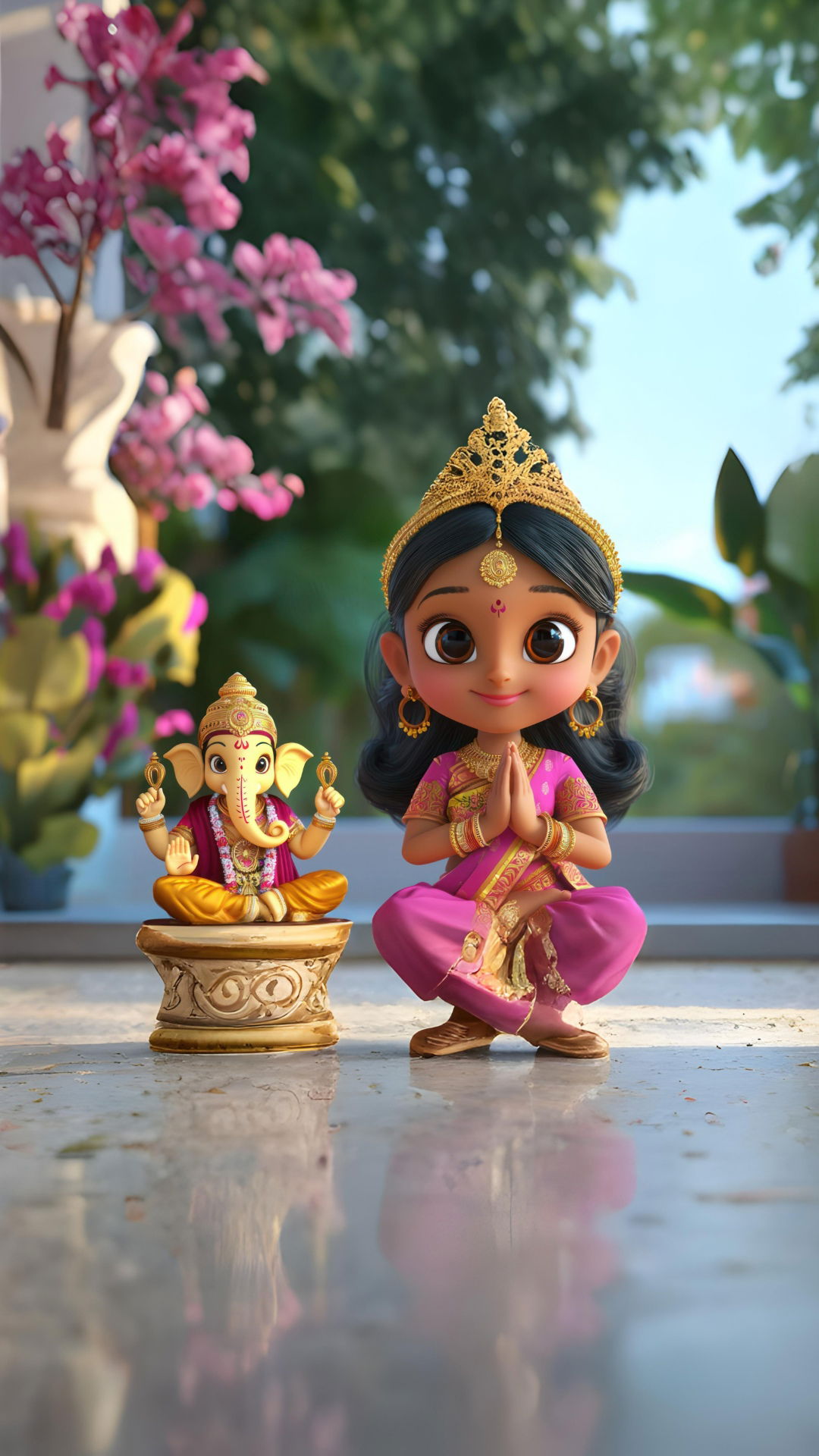 Girl praying before Ganesha statue