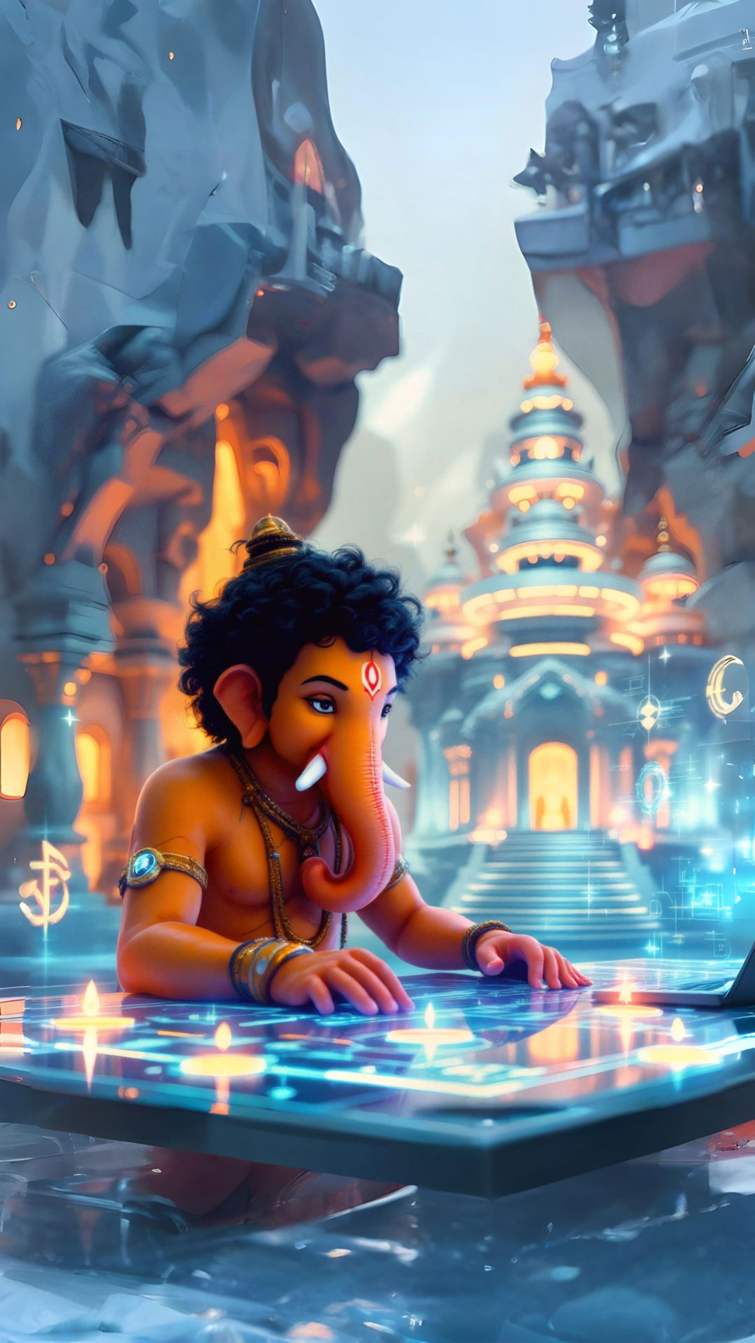 Lord Ganesha in digital temple scenery