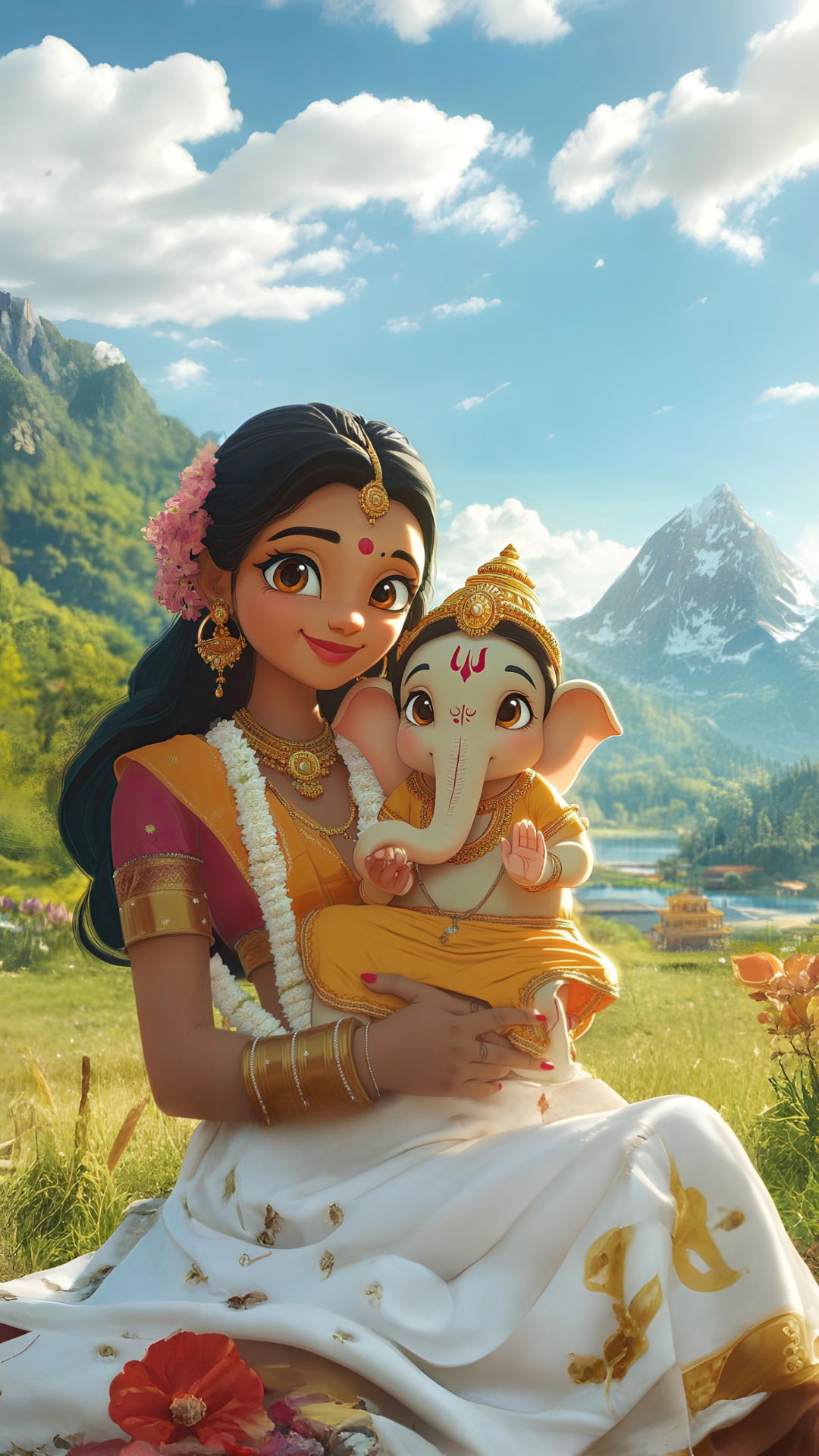 Woman holding Ganesha statue in mountains
