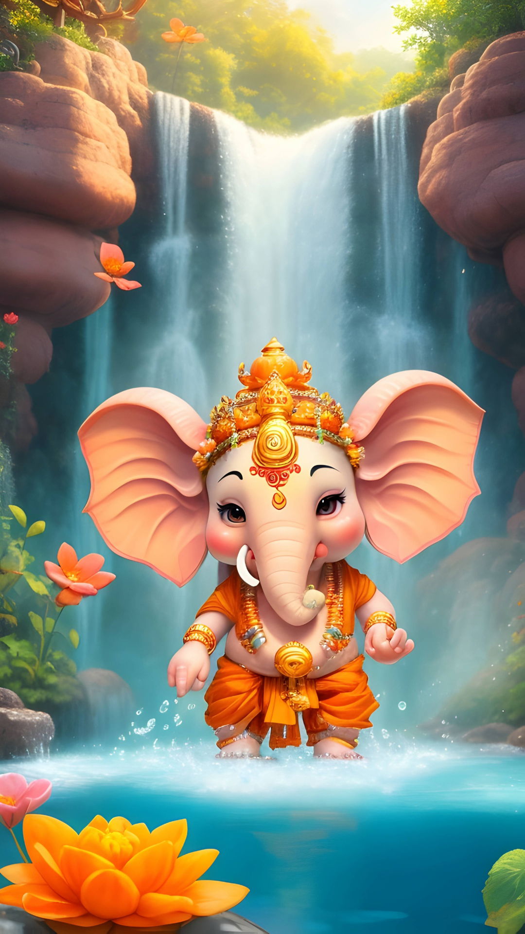 Baby Ganesha by a waterfall