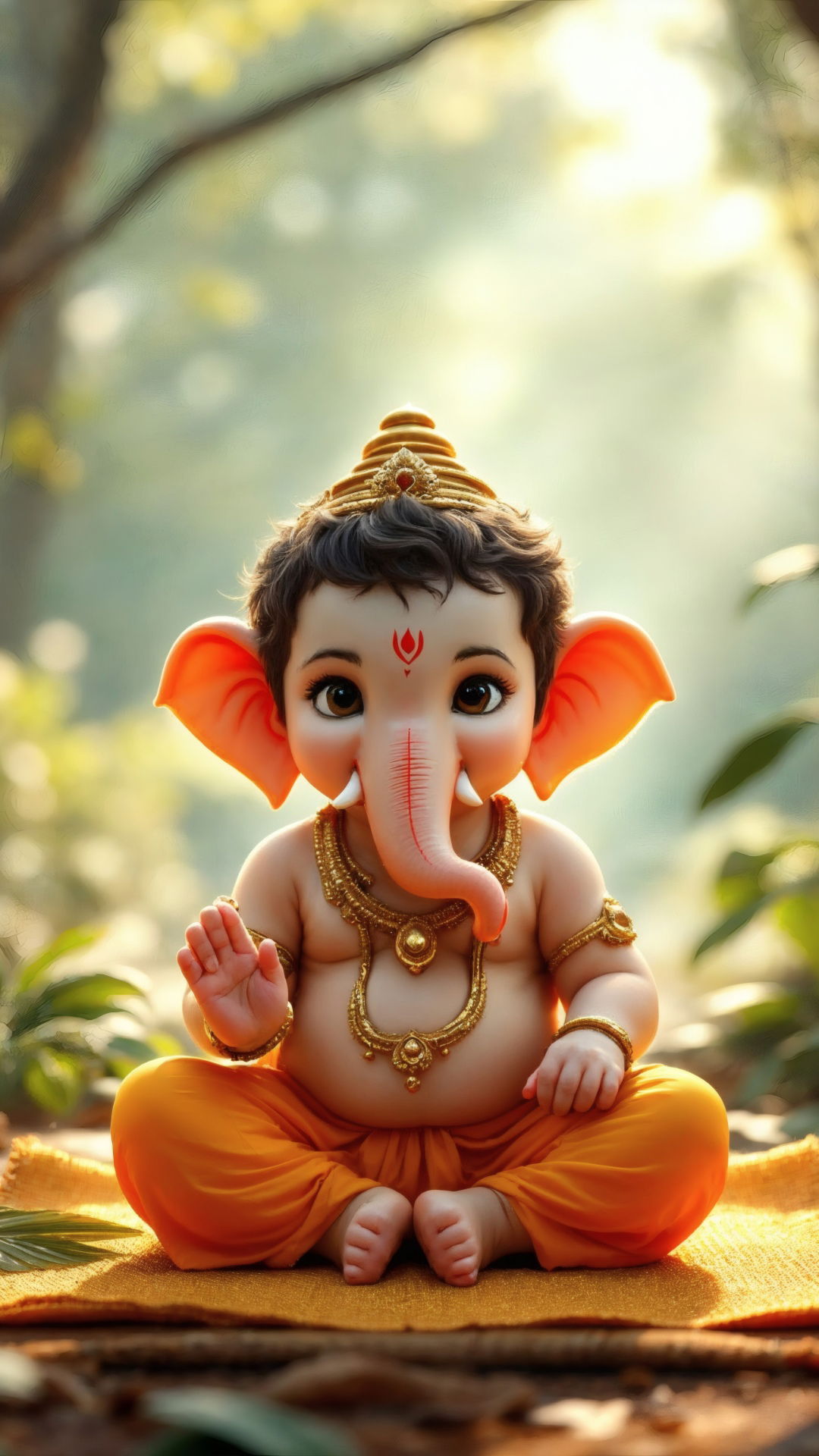 Baby Ganesha sits in a forest
