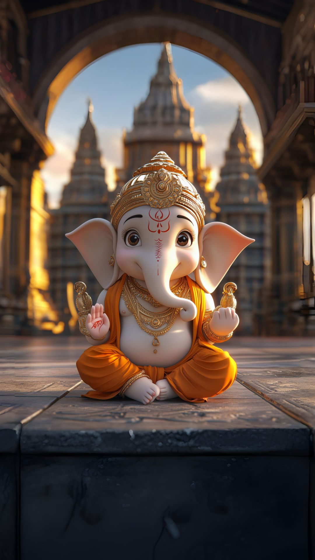 Adorable Ganesha sits before a temple