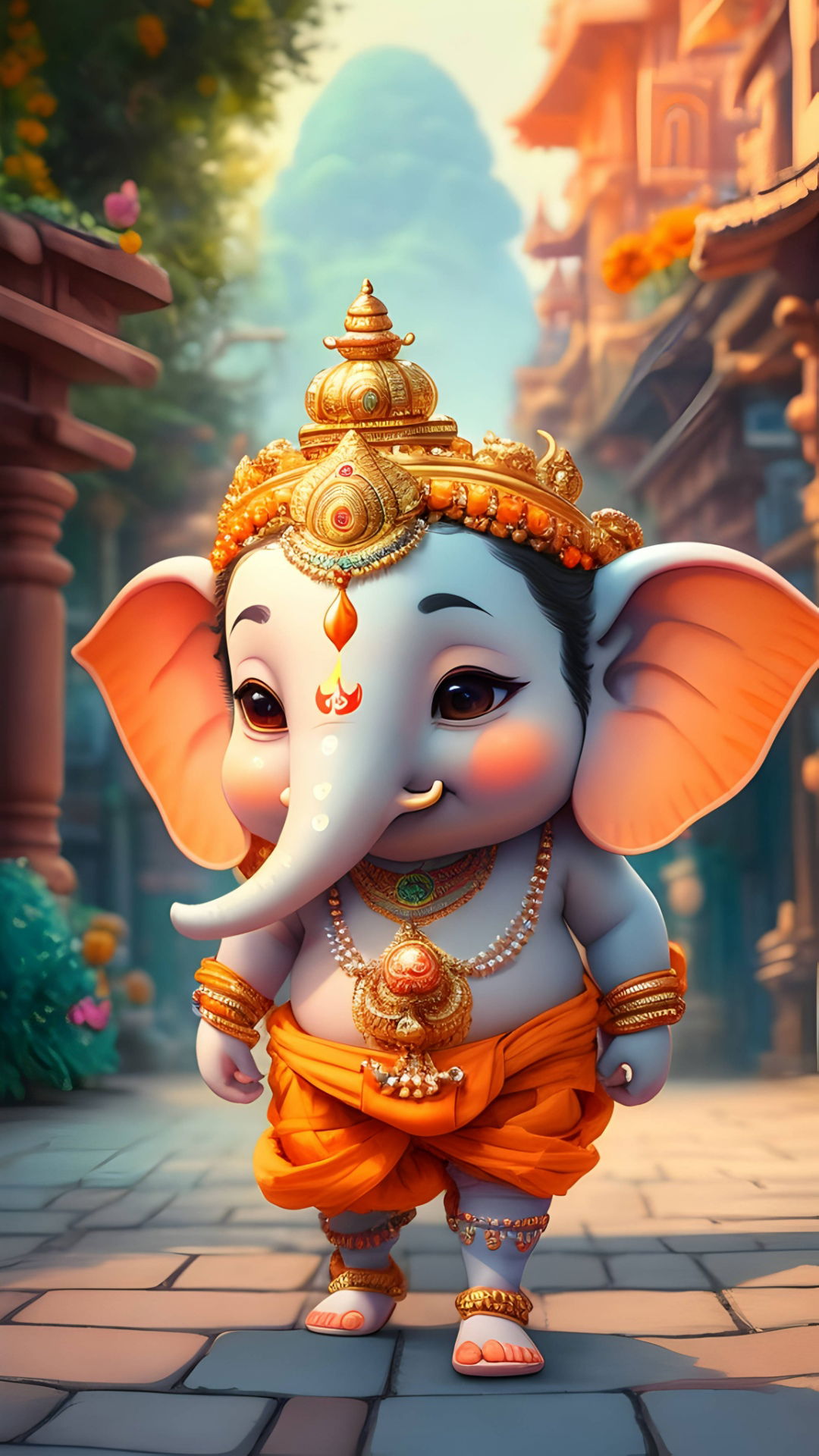 Baby Ganesha with golden crown smiling