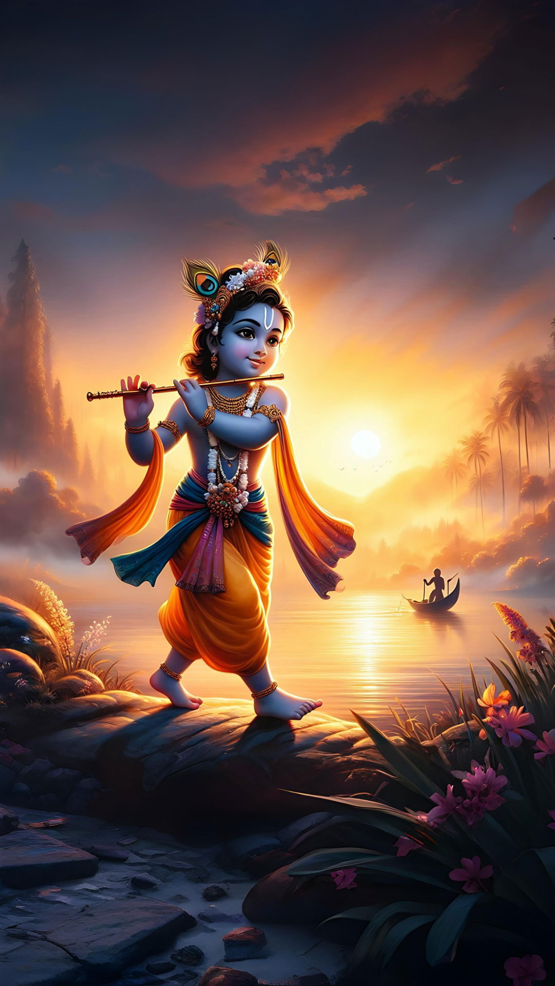 Lord Krishna playing flute at sunset