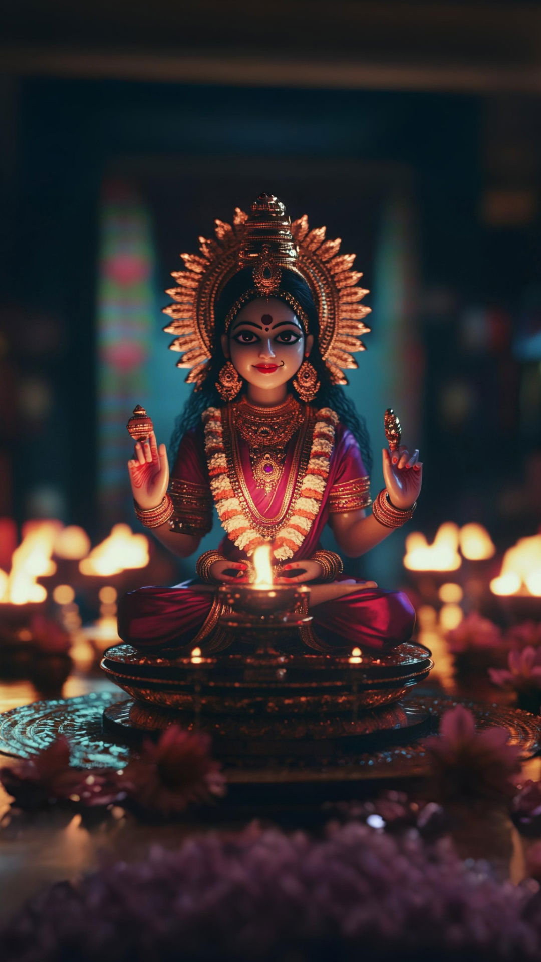 Goddess Lakshmi amidst diya lights