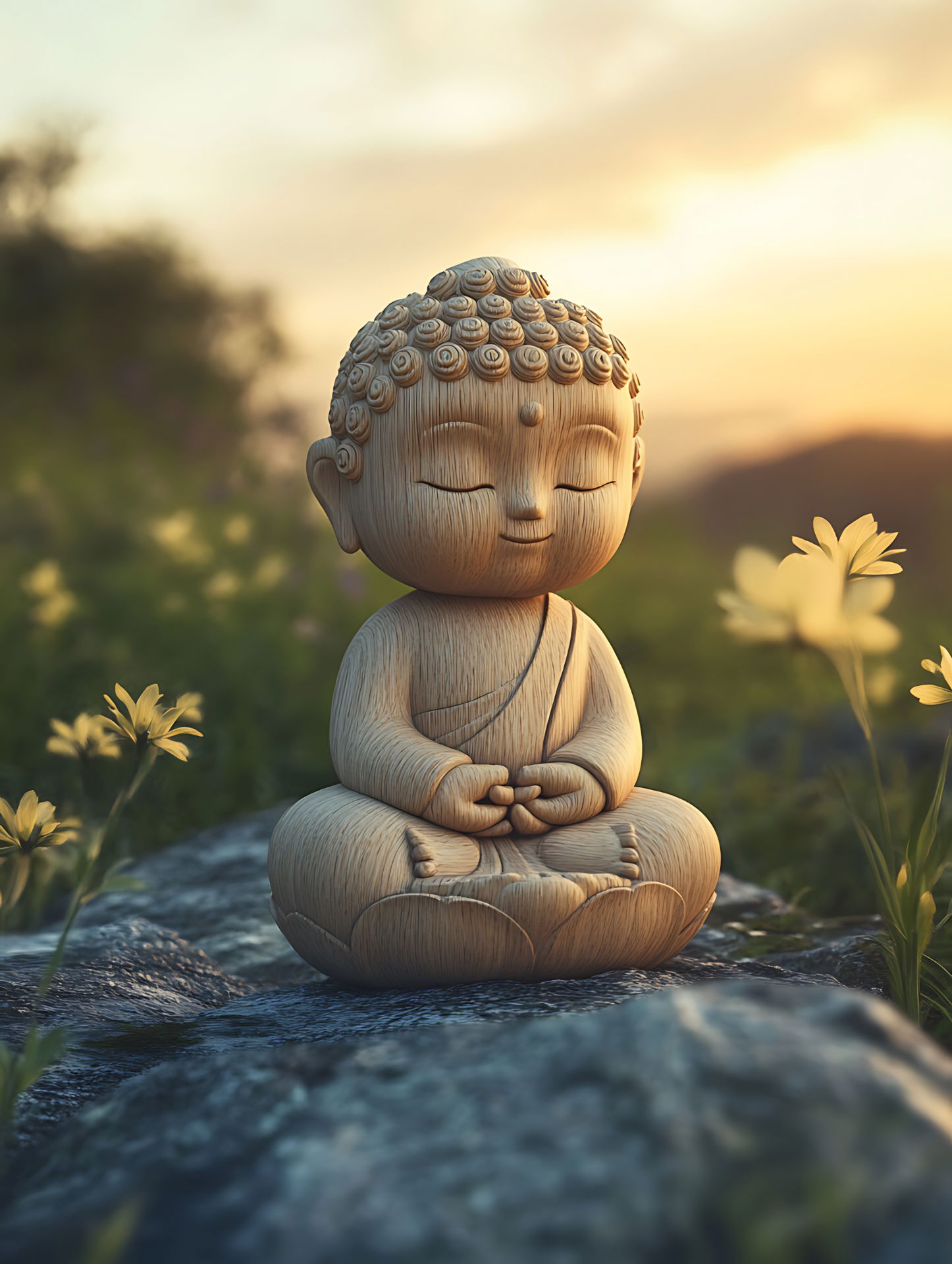 Buddha statue meditating in flower field