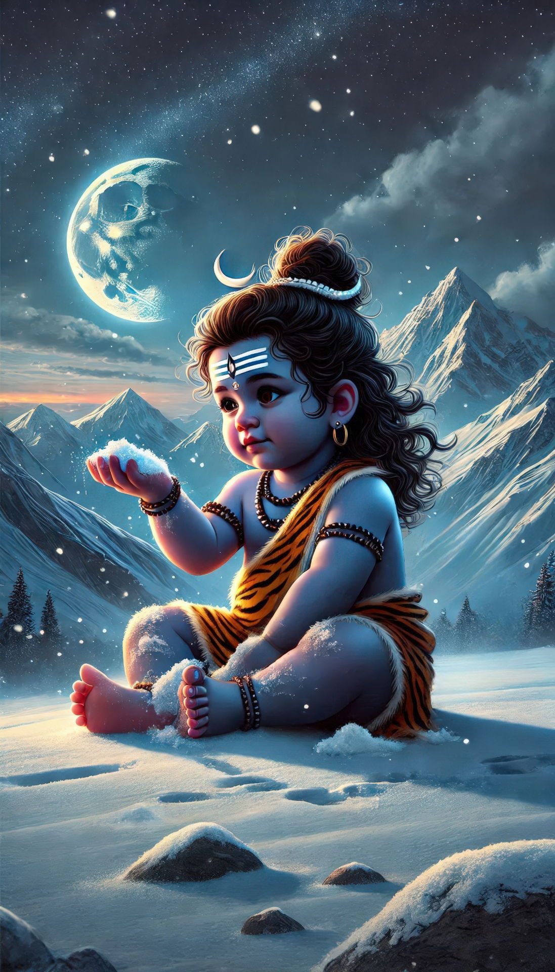 Baby Shiva amidst snowy mountains
