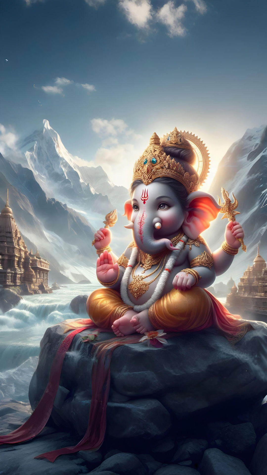 Ganesha amidst Himalayan mountains sunrise