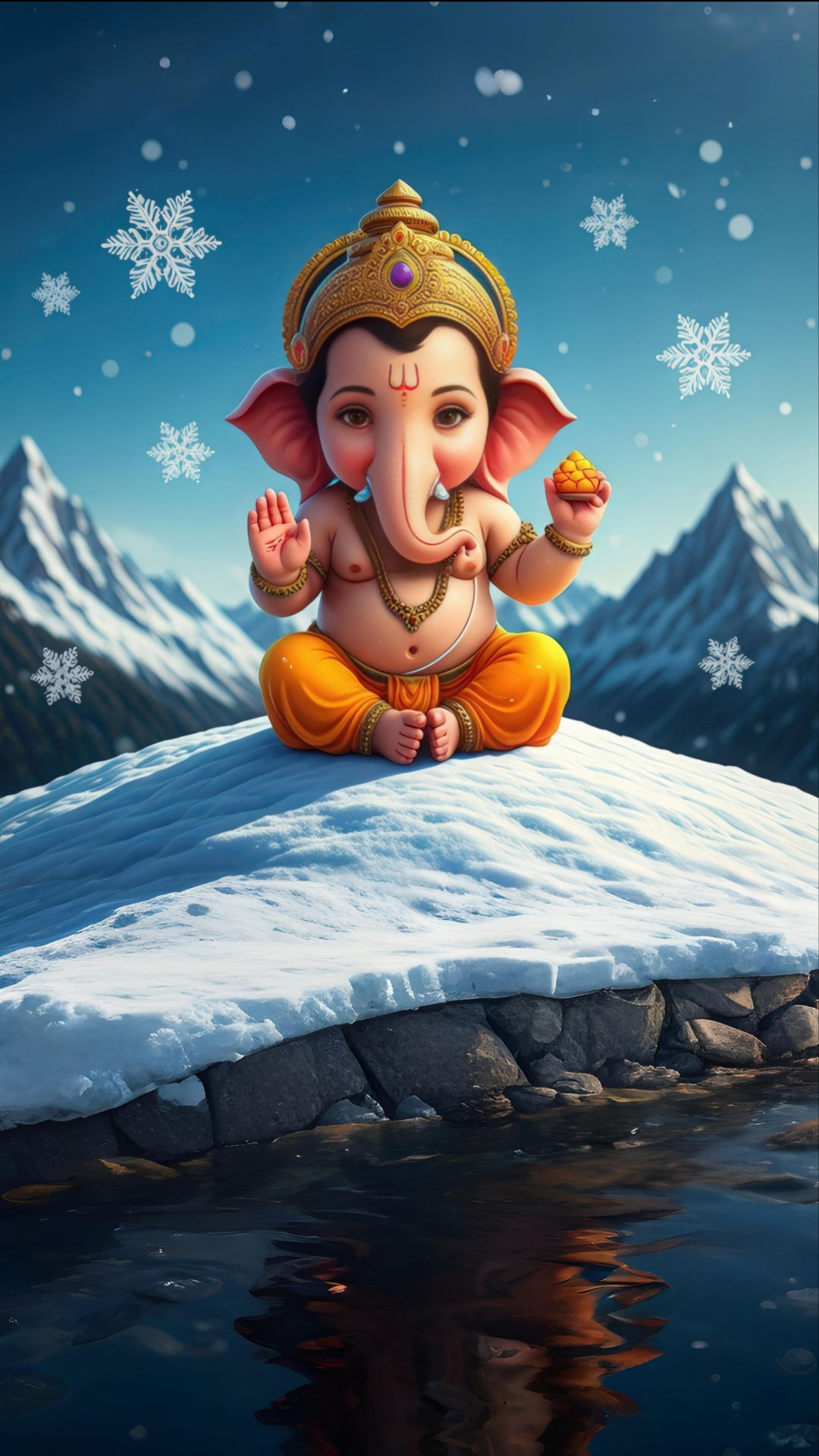 Ganesha sitting on snow mountain