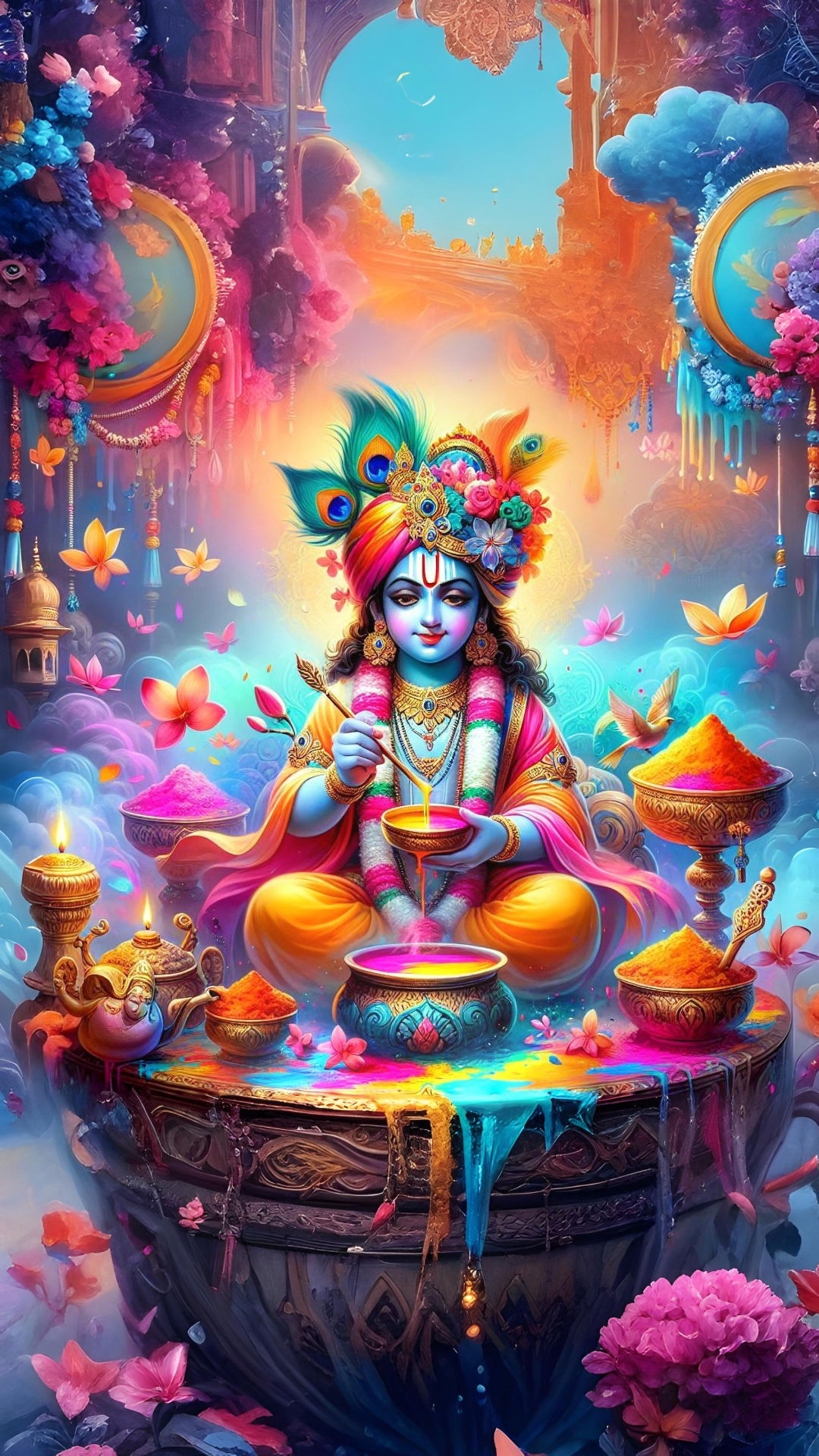 Krishna celebrating Holi with colors