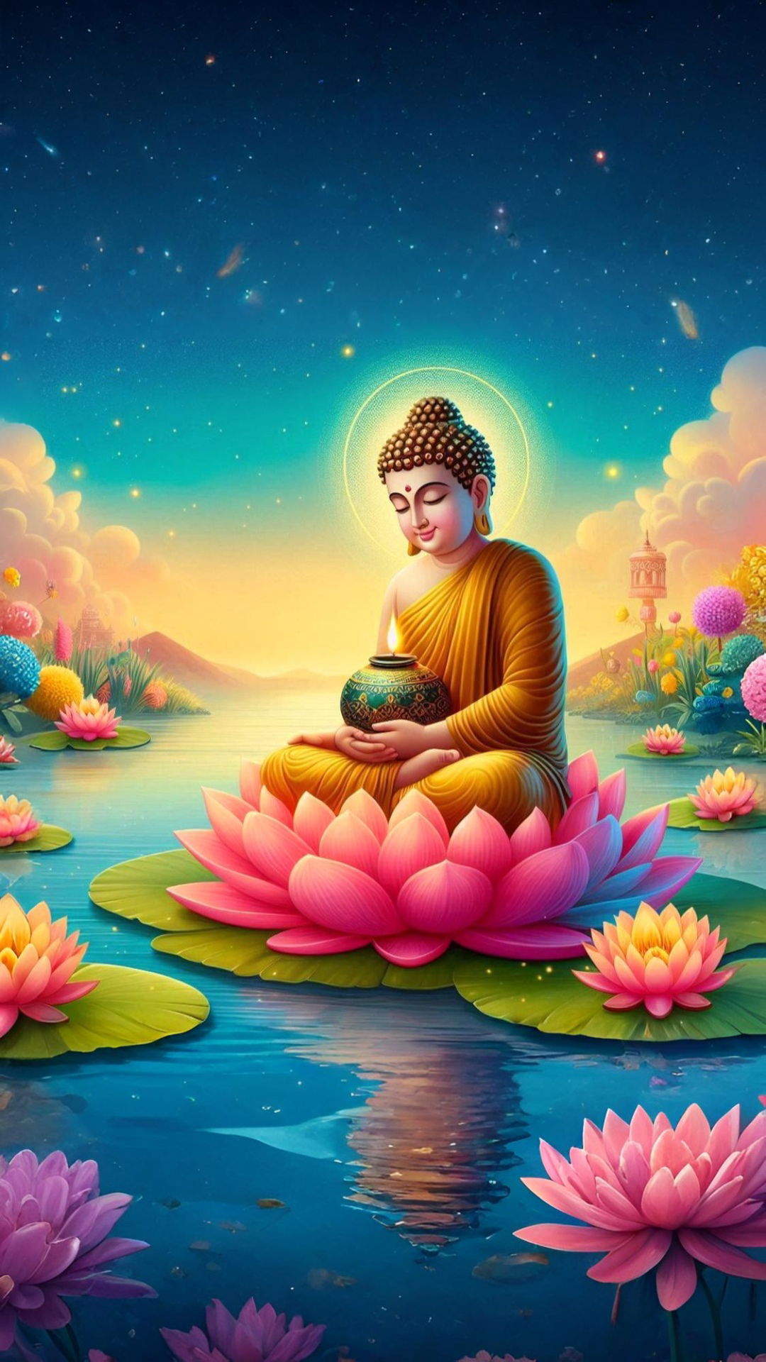 Buddha meditating on a lotus flower