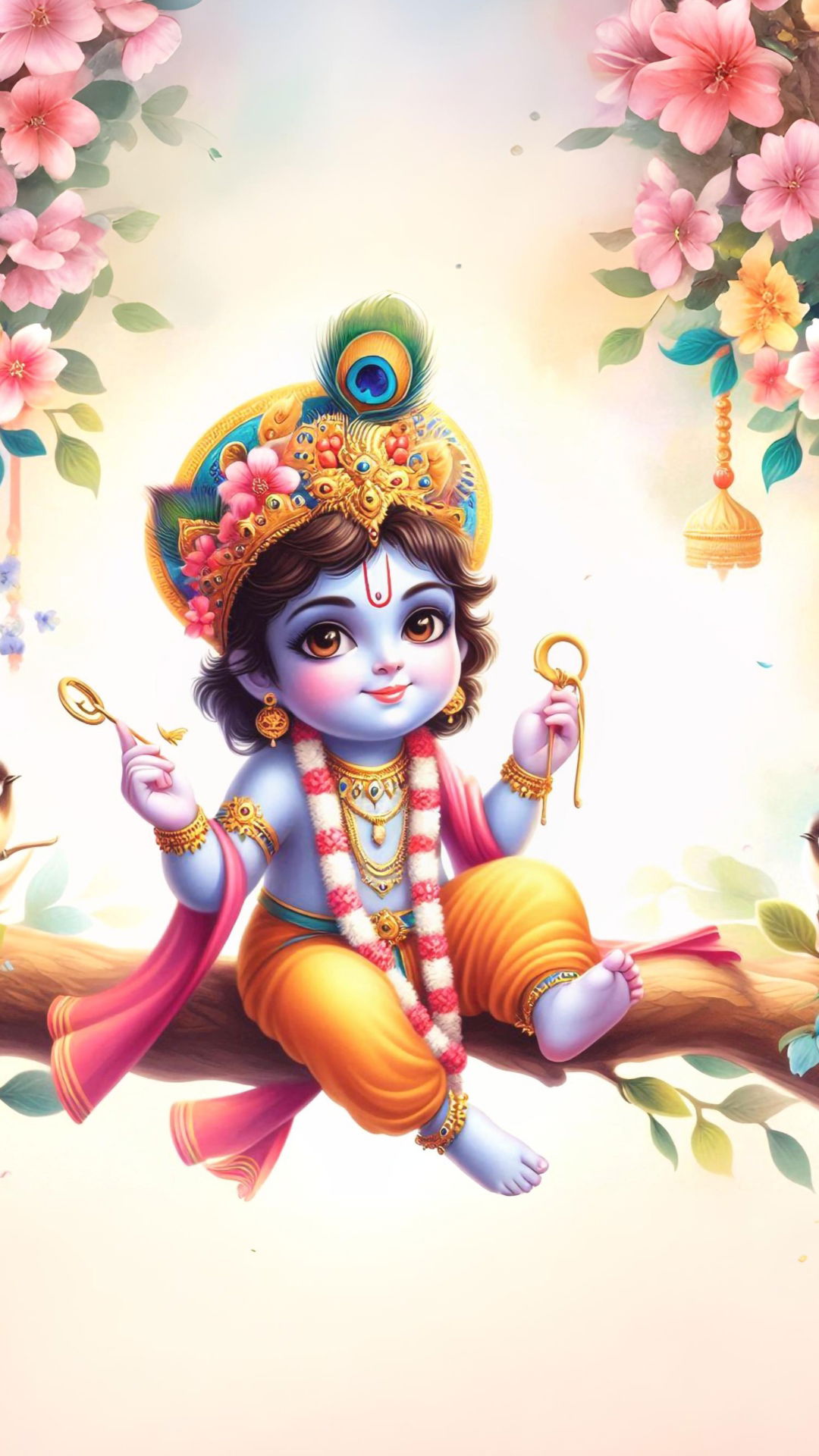 Baby Krishna with flute and flowers