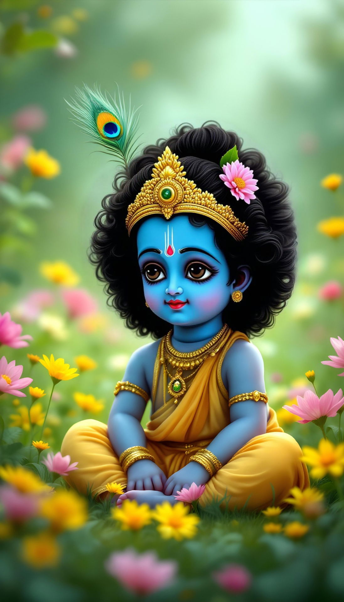 Baby Krishna amidst colorful flowers.