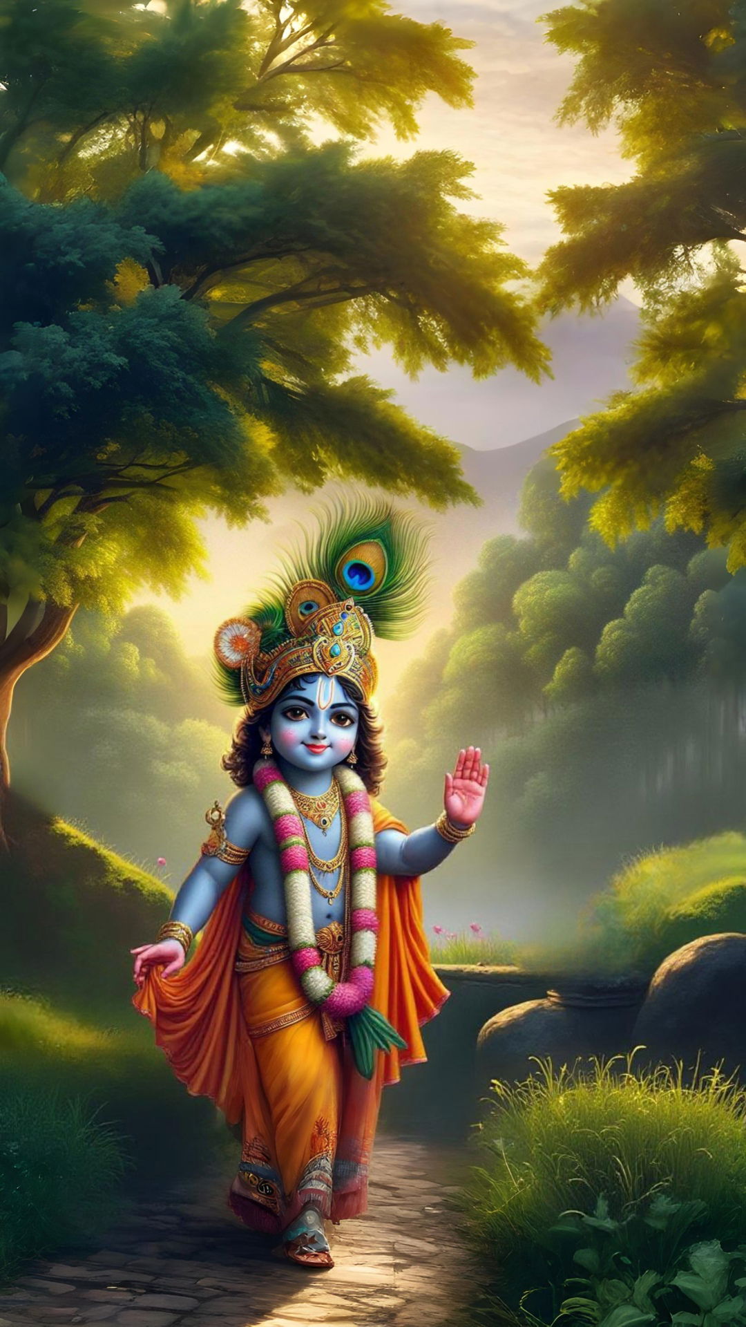 Blue Krishna with peacock feather in forest