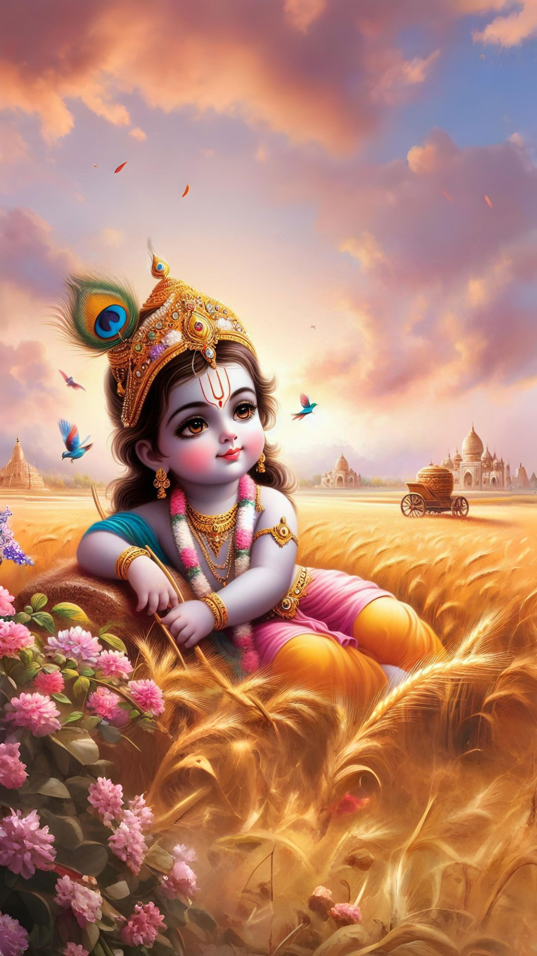 Baby Krishna resting in a flower field