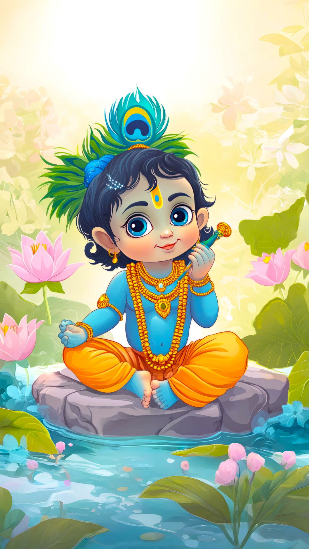 Adorable Bal Krishna with flute and lilies