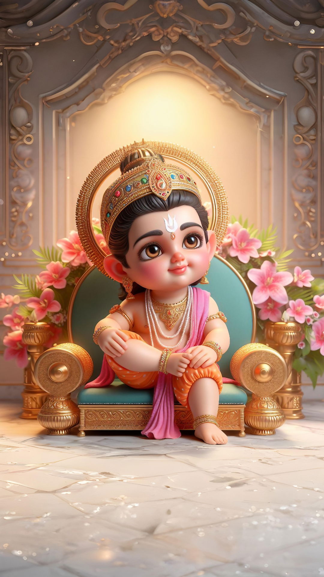Baby Krishna sits on a throne