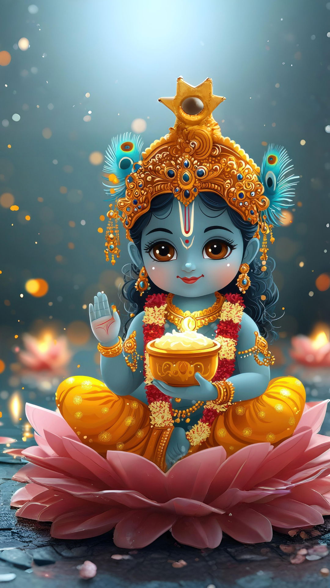 Bal Krishna on lotus with ladoo