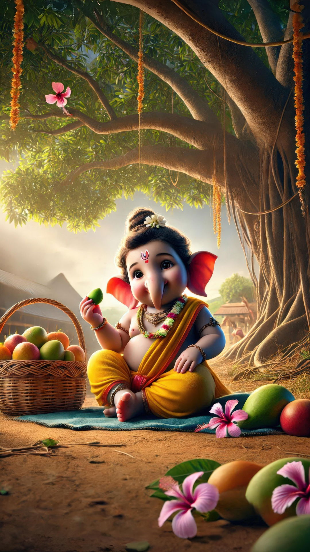 Ganesha enjoying a mango under a tree