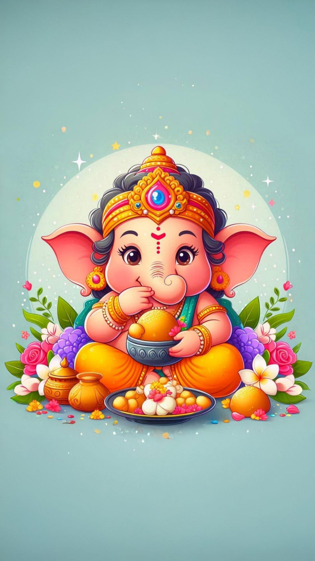 Cute Ganesha with sweets and flowers