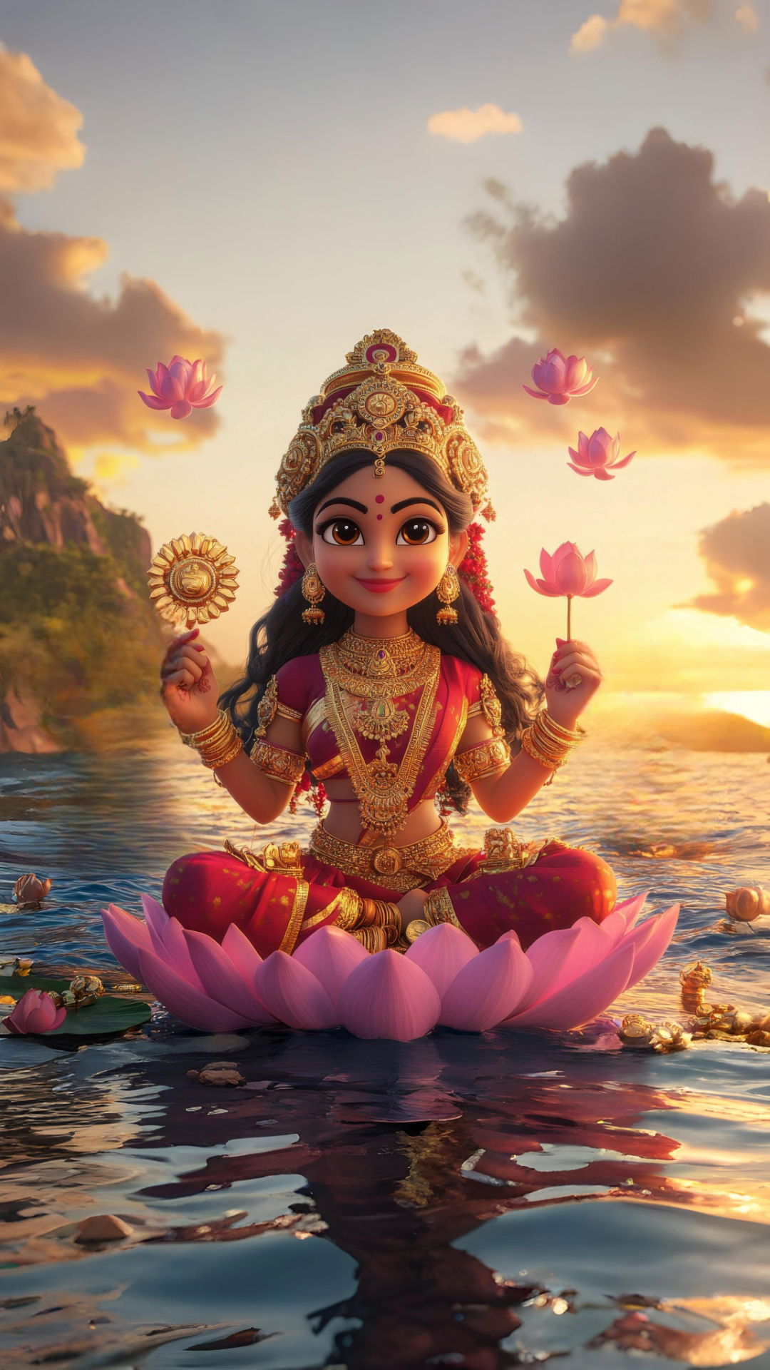 Lakshmi emerging from ocean with lotuses