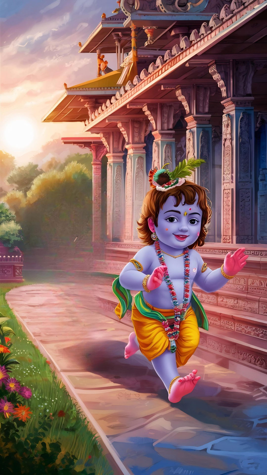 Little Krishna walking towards temple