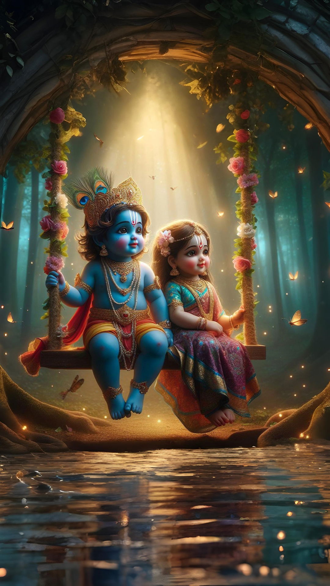 Krishna Radha swing in floral forest